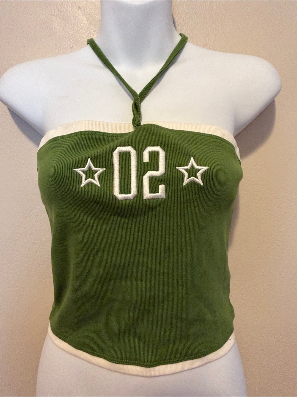 Forever 21 Olive Green Halter Tube Top with White Trim and Embroidered 02